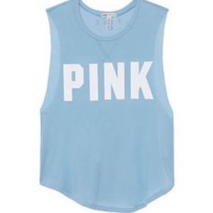 Victoria’s Secret VS PINK Super Soft Blue & White Cropped Tank w/ Low Cut Sides